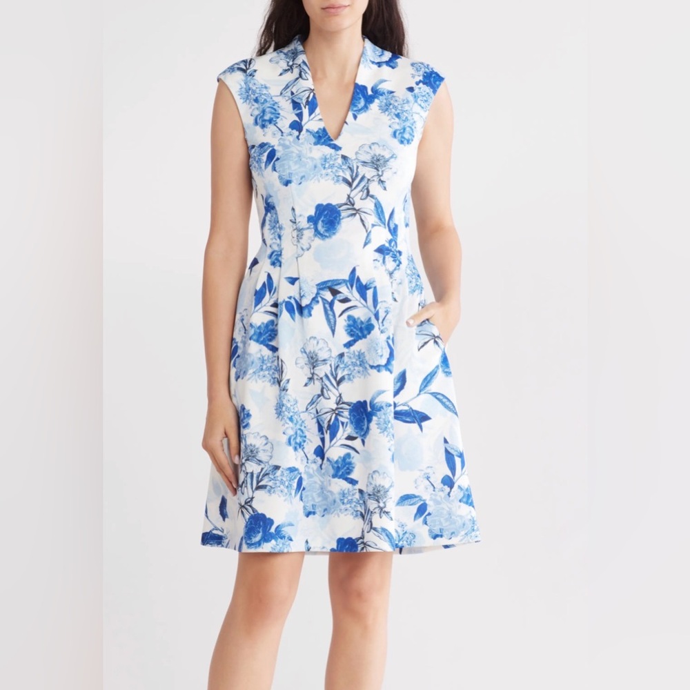 Vince Camuto White & Blue Floral Fit & Flare Dress w/Pockets sz 10 NWT $128